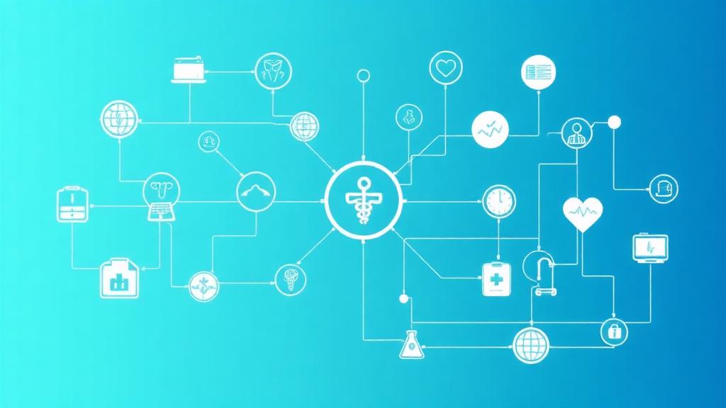 Healthcare automation workflow concept showing interconnected medical systems, EHR integration, and HIPAA-compliant data flow between clinical applications