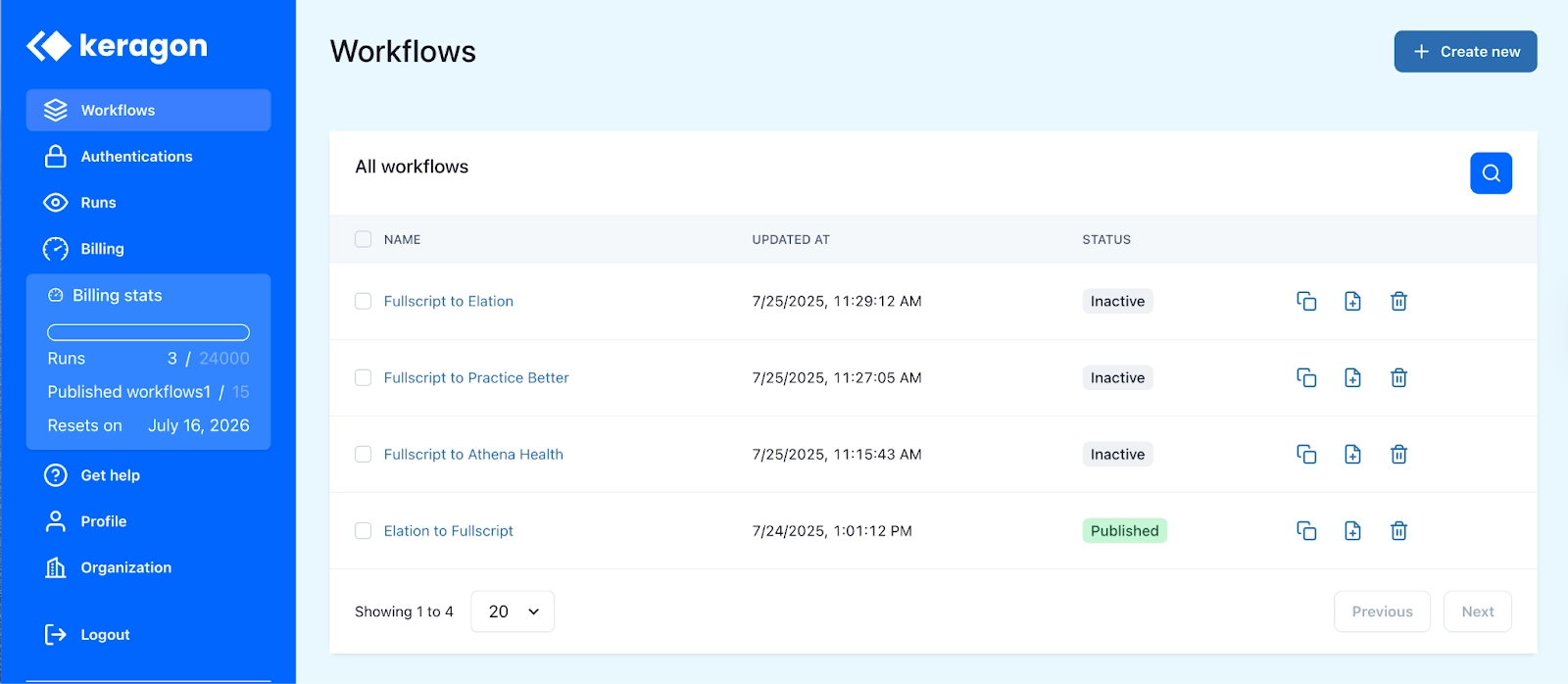 Keragon dashboard interface showing list of healthcare automation workflows including Fullscript to Elation, Practice Better, and Athena Health integrations with status indicators