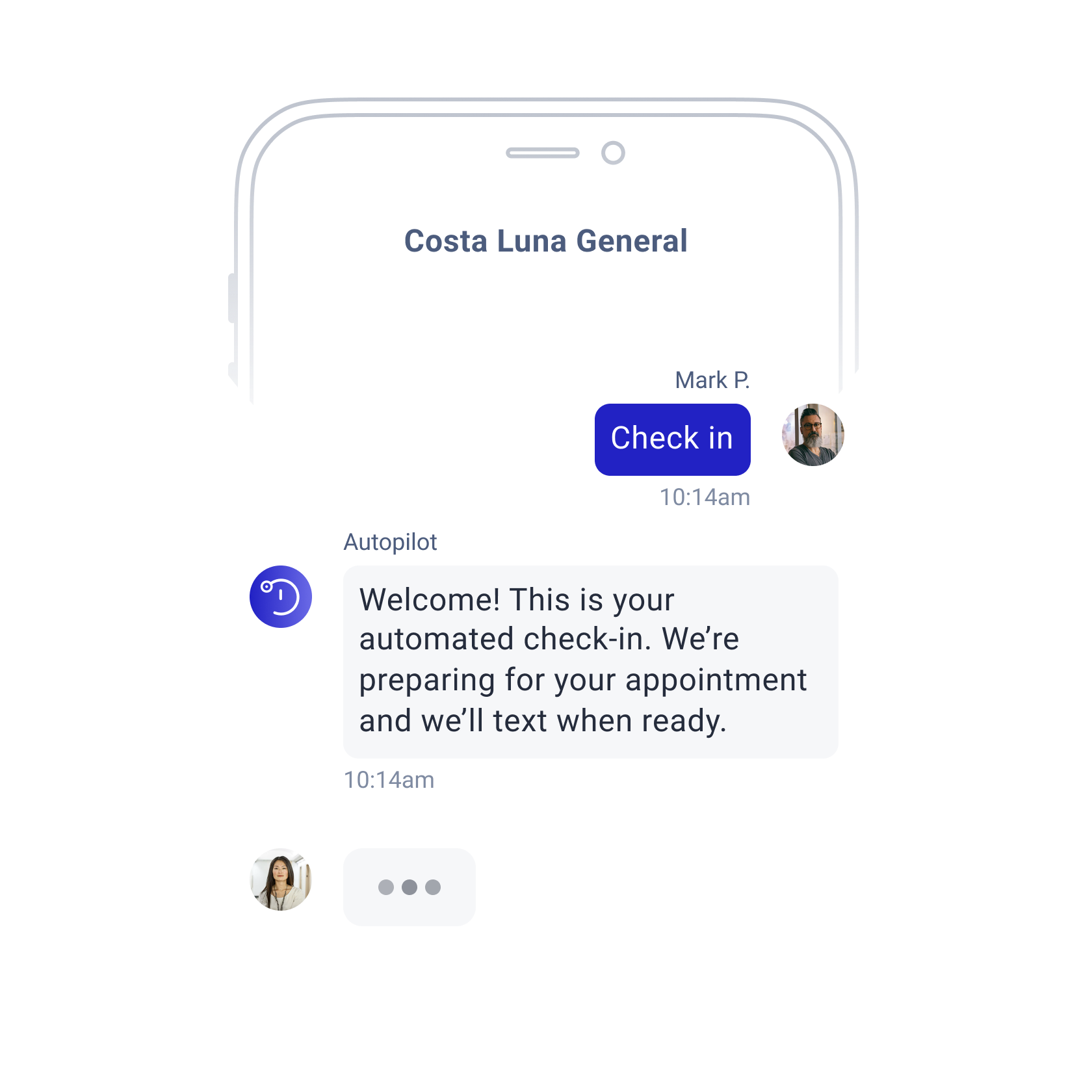OhMD automated patient check-in via SMS showing Autopilot responding to patient with appointment preparation message