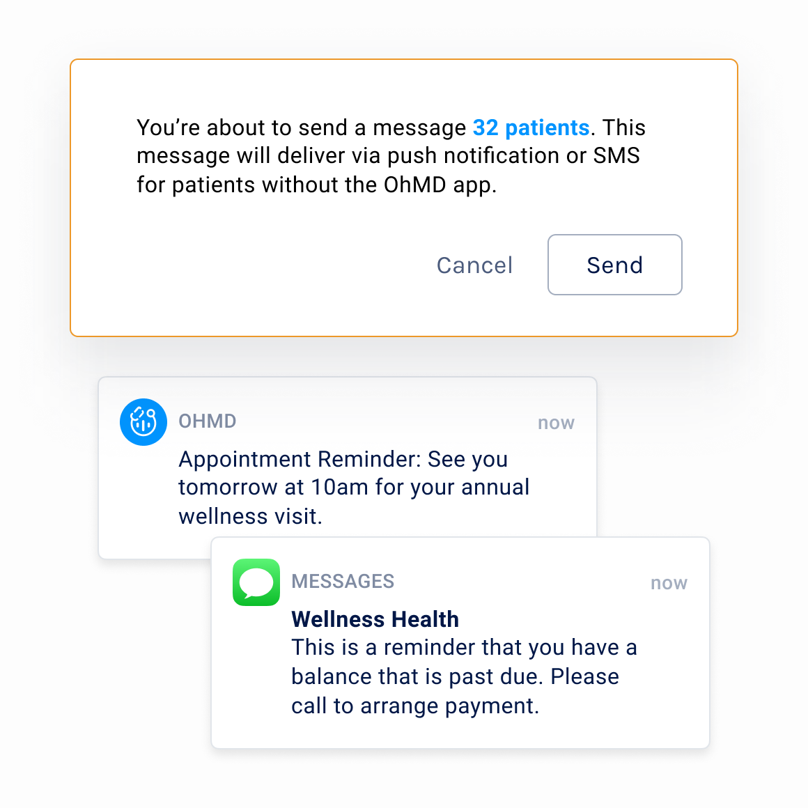 OhMD broadcast messaging feature showing bulk patient SMS notifications for appointment reminders and payment alerts